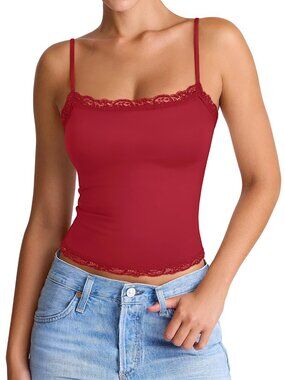 Women's Sexy Square Neck Lace Cami Tank Tops Fitted Double Lined Sleeveless - XL